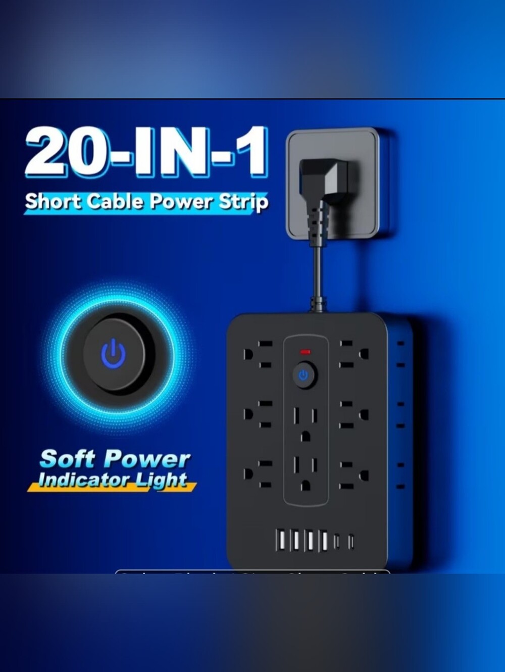 Black 20-in-1 Power Strip with USB Ports. New (Missing Box)